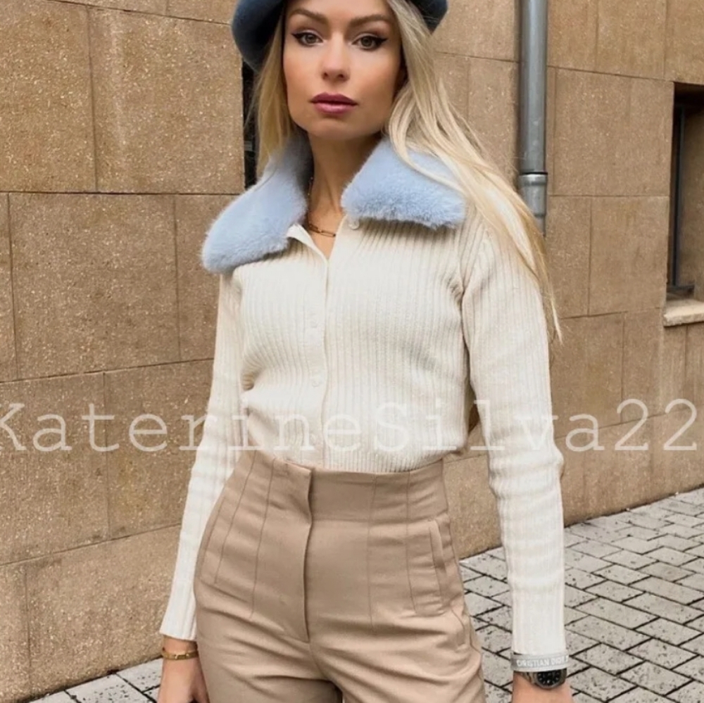 Zara * faux fur knit cardigan Cream Blue - Picture 13 of 15